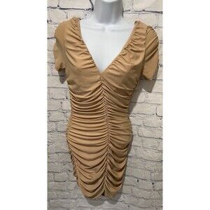 Better Be Tan Nude rouched Stretch V Neck Mini short sleeve dress Size Small